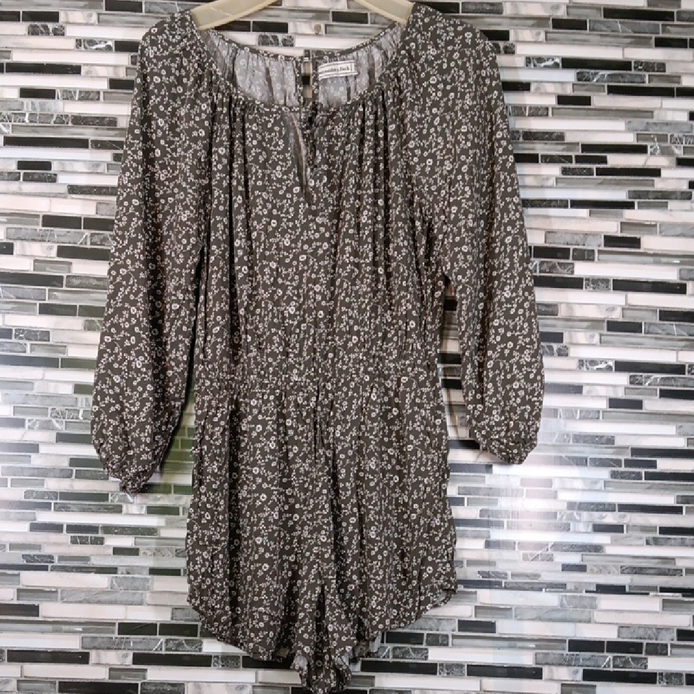 Abercrombie & Fitch Olive Green Cream Floral Romper M Babydoll JumperLongsleeve
